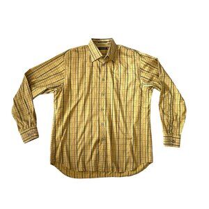 Tommy Bahama Button Up Shirt Island Gold Blue Plaid Cotton Long Sleeves Size XL